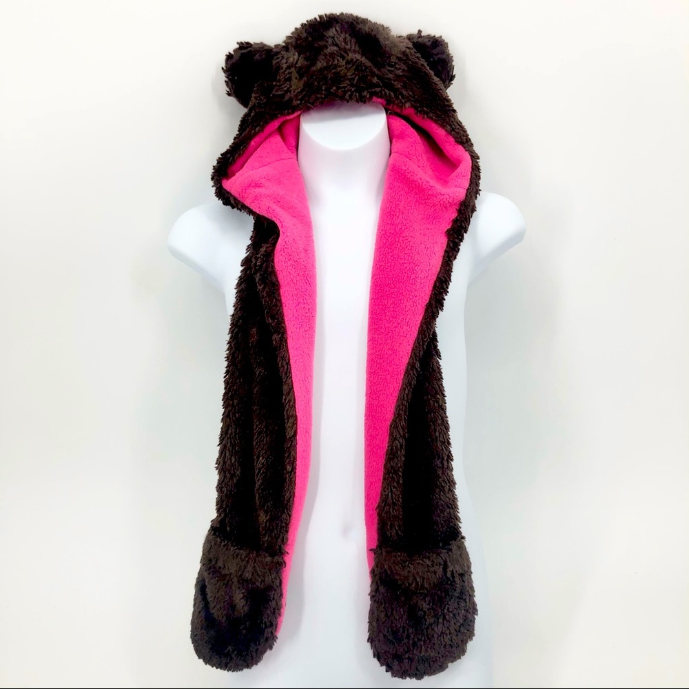 SO Girls Brown & Pink Cute Fuzzy Bear Hat with Scarf & Mittens Fleece Inside